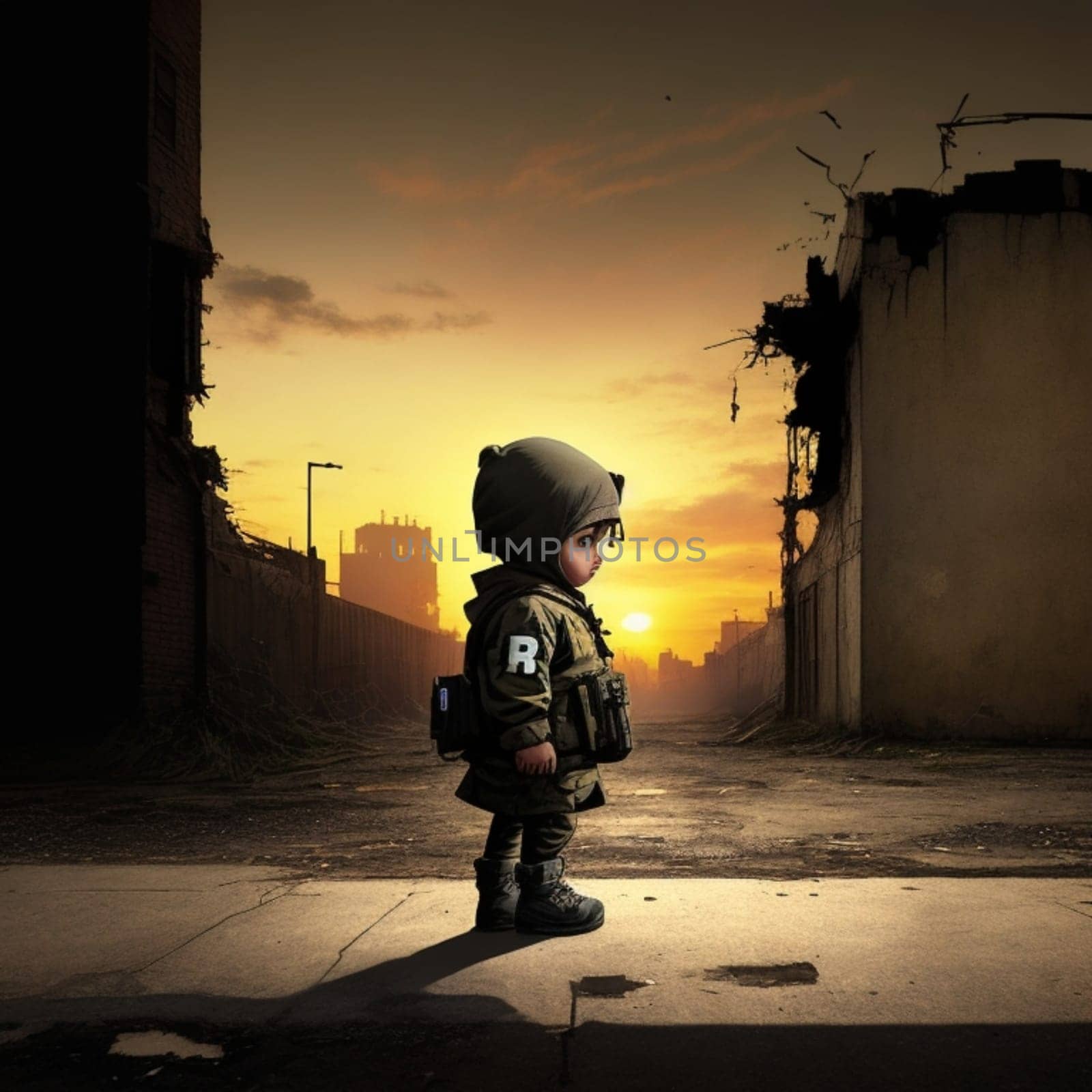 sad baby soldier guarding the front, combat position, green garment , long distance rifle, ai generative art . by verbano