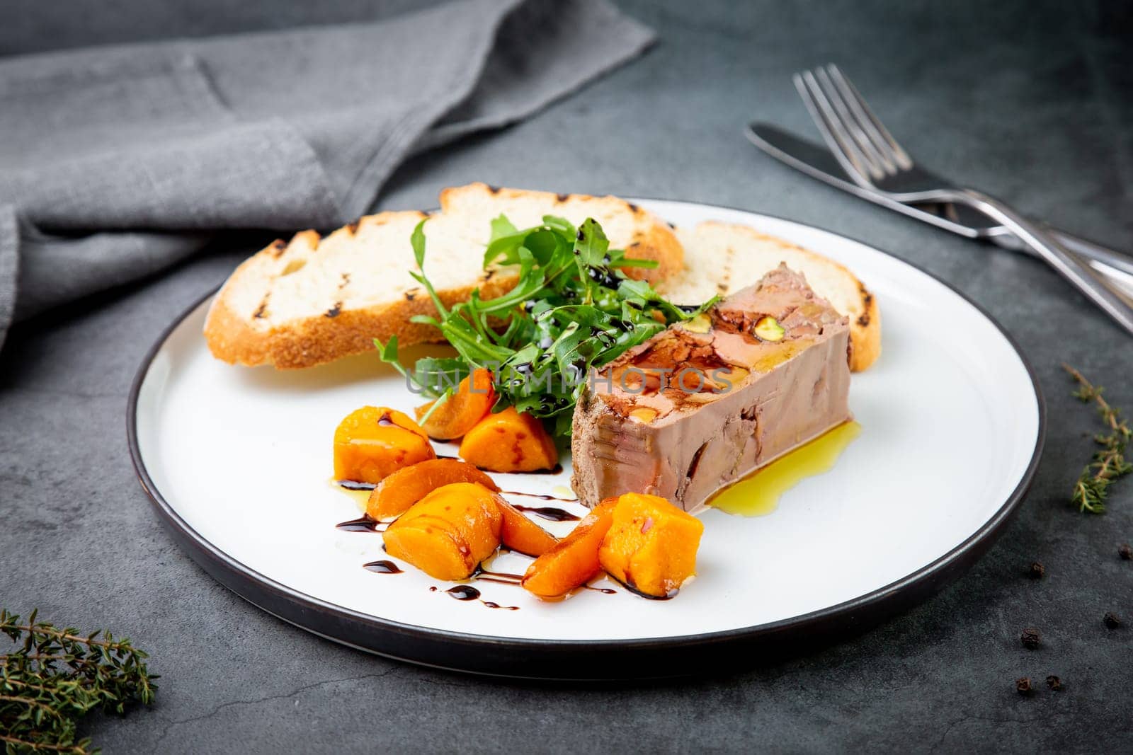 arugula with crusty bread and pate sauce, side view by tewolf