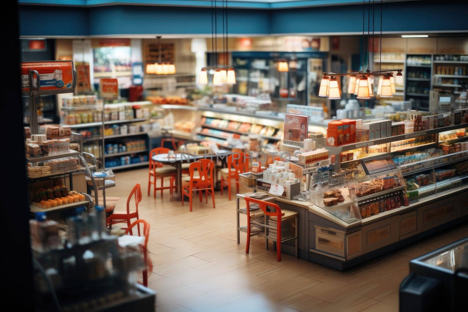 A large supermarket has a wide aisle full of fruit and vegetables, bright lighting from bulbs. Generative AI.