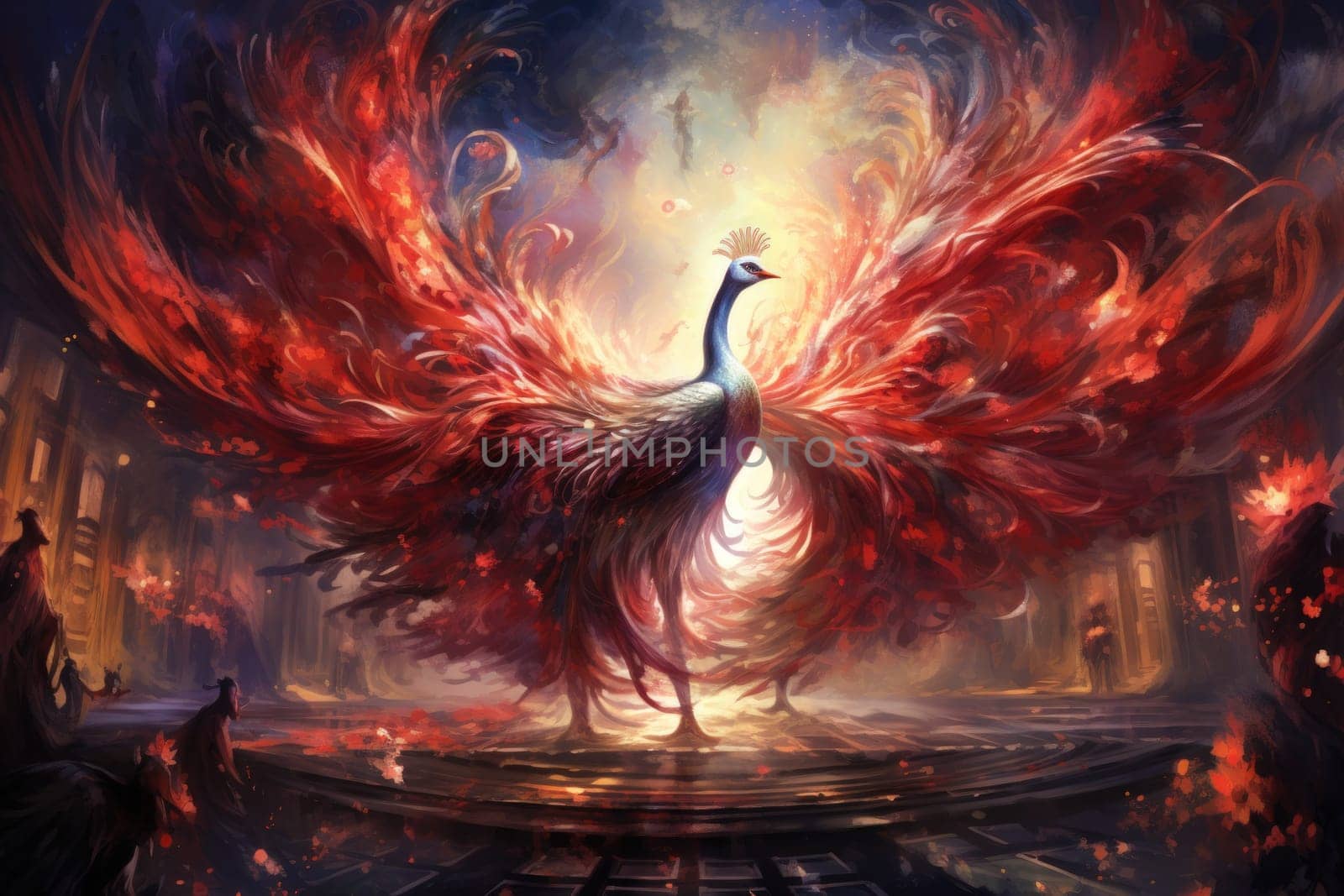 Within the realm of fantasy, elegant phoenix dancers grace the stage, their mesmerizing performances engulfed in flames.