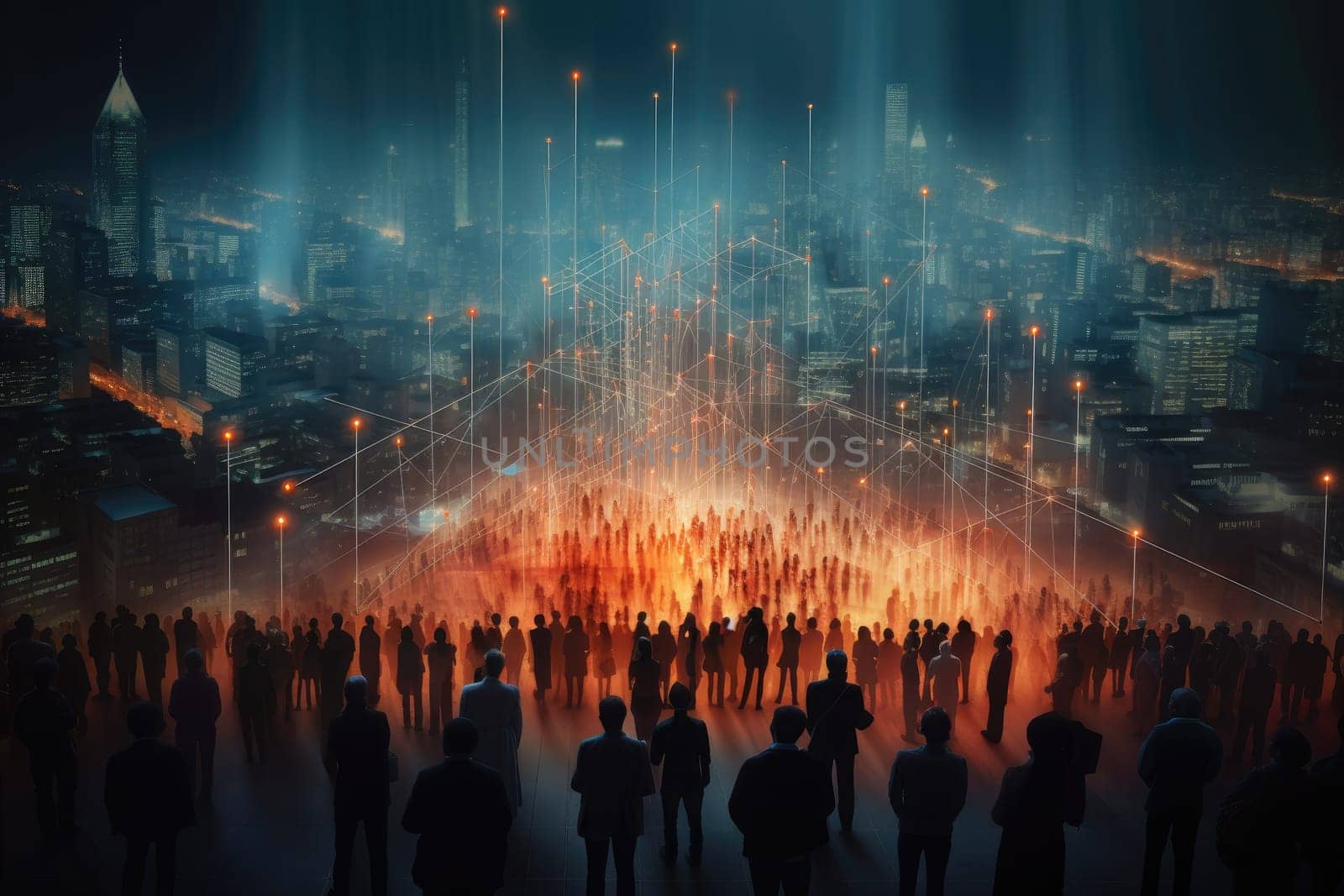 Network of connected people with a large group of people. Generative AI.