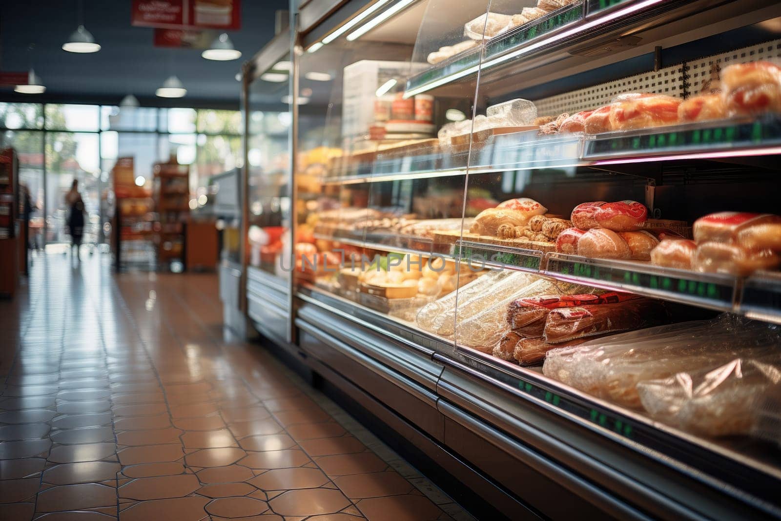 A large supermarket has a wide aisle full of fruit and vegetables, bright lighting from bulbs. Generative AI.