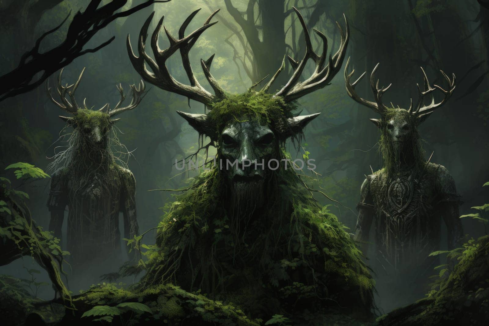 Deep within the mystical woodland realms of fantasy, ancient forest spirits stand as silent sentinels, their ethereal presence a testament to the wisdom and magic of the natural world.