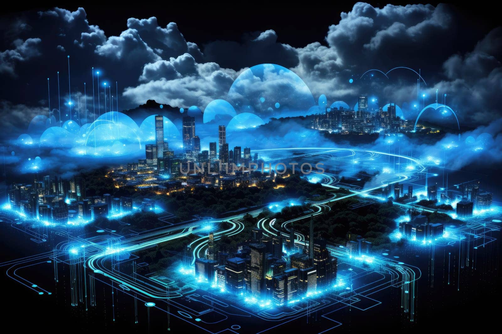 Cloud computing transfer big data on internet. futuristic digital technology .Generative AI.