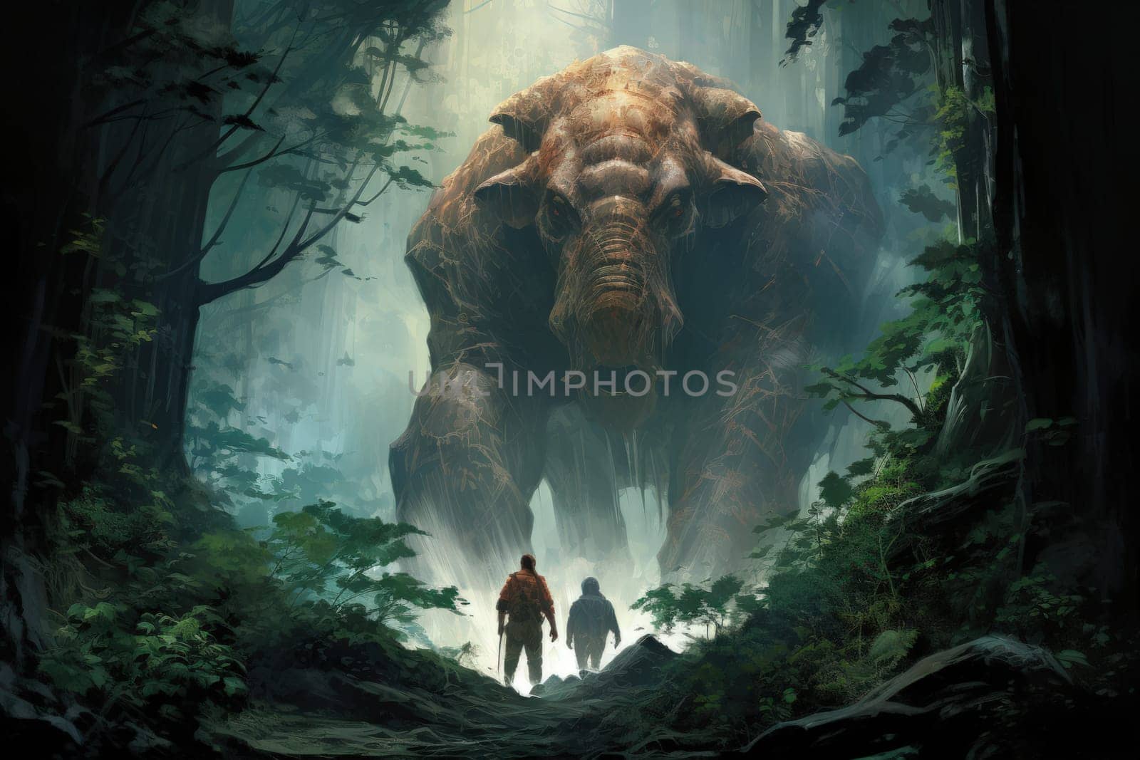 Embark on a fantastical journey where gargantuan giants, with their colossal stature, traverse the towering mountains with thunderous footsteps.