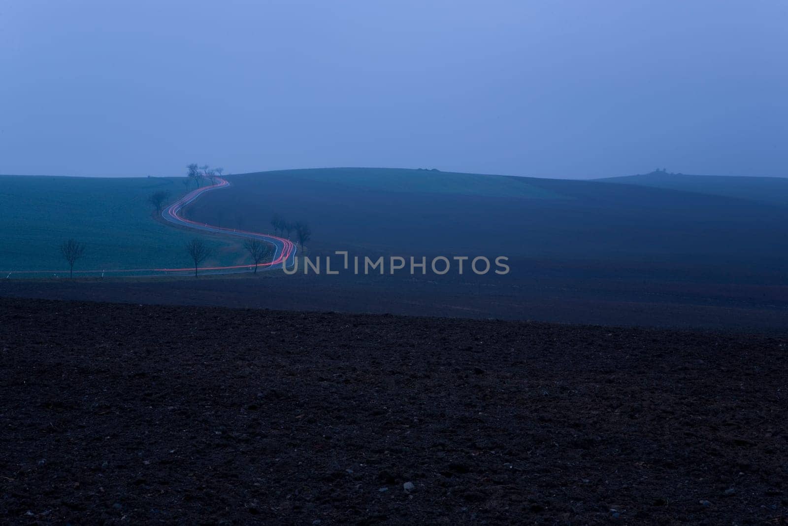 Road,Fields in Autumn Night