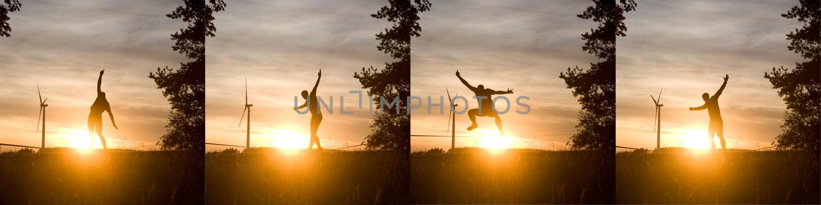 Man on the slackline in sunset