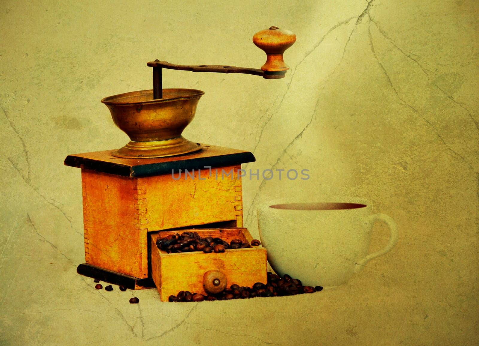 coffee mill and cup of hot black coffee