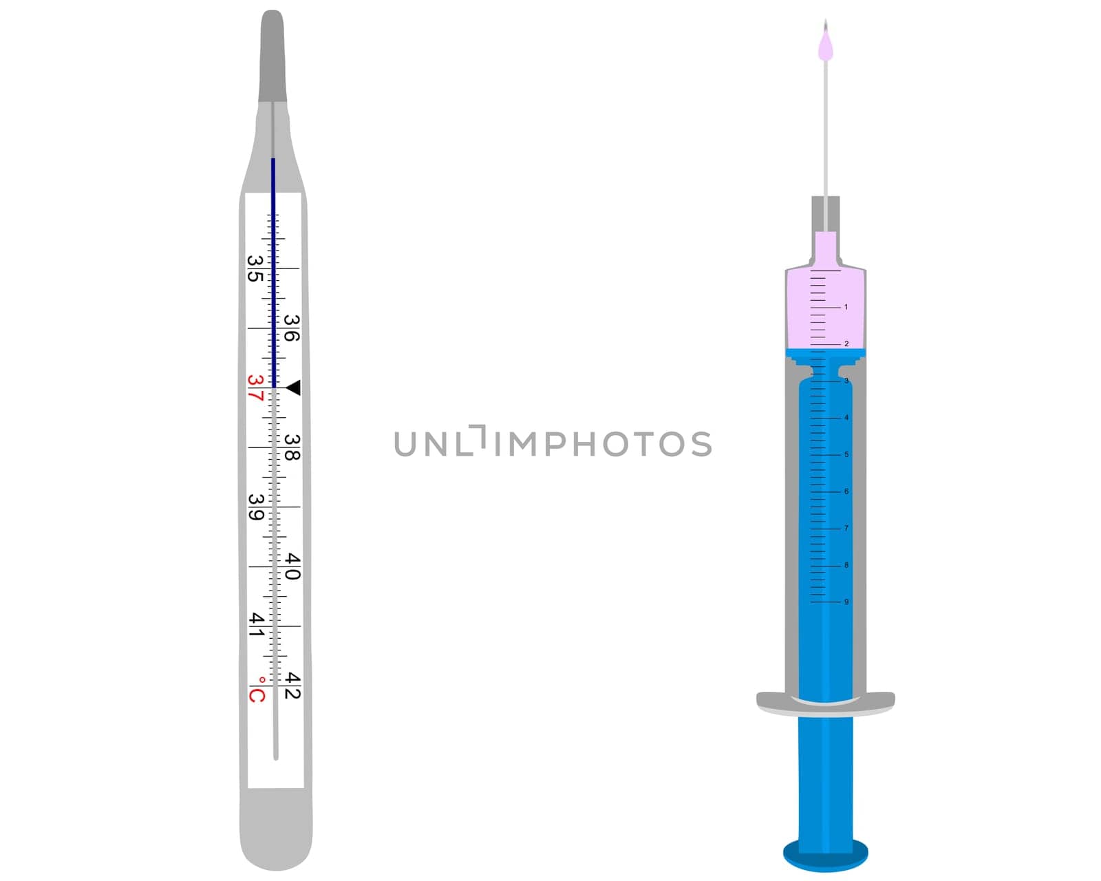 Clinical thermometer and syringe