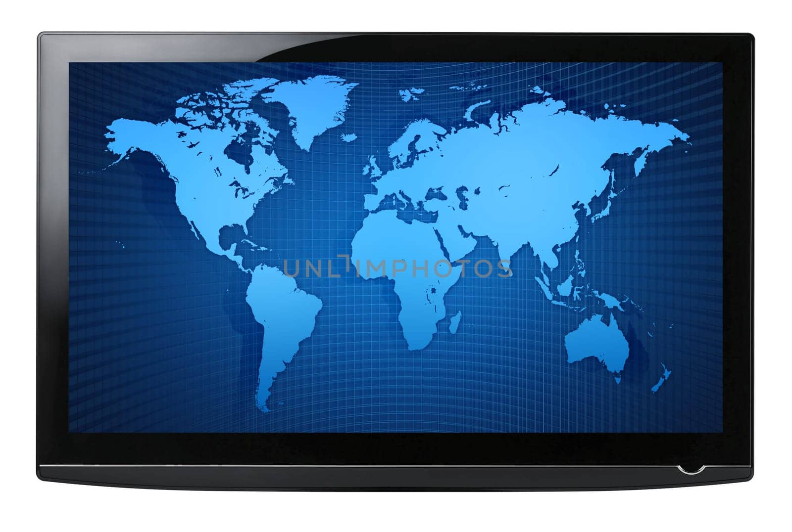 Flat screen show a blue map globe