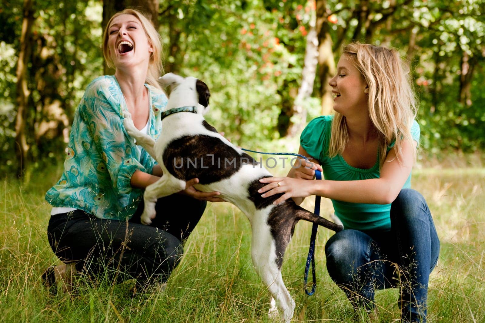 Sisters are playing with the dog