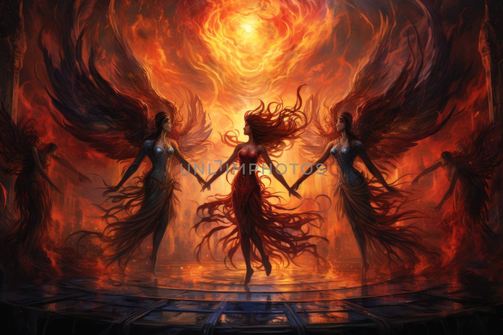 Within the realm of fantasy, elegant phoenix dancers grace the stage, their mesmerizing performances engulfed in flames.