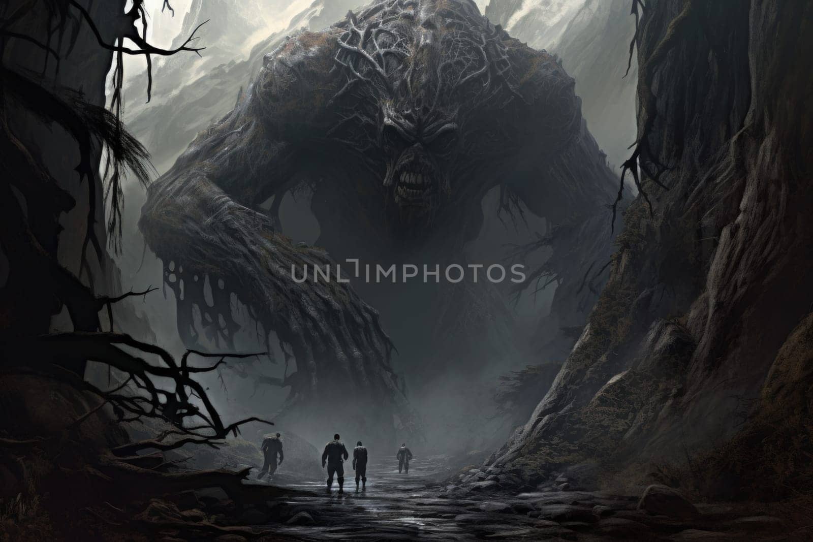Embark on a fantastical journey where gargantuan giants, with their colossal stature, traverse the towering mountains with thunderous footsteps.