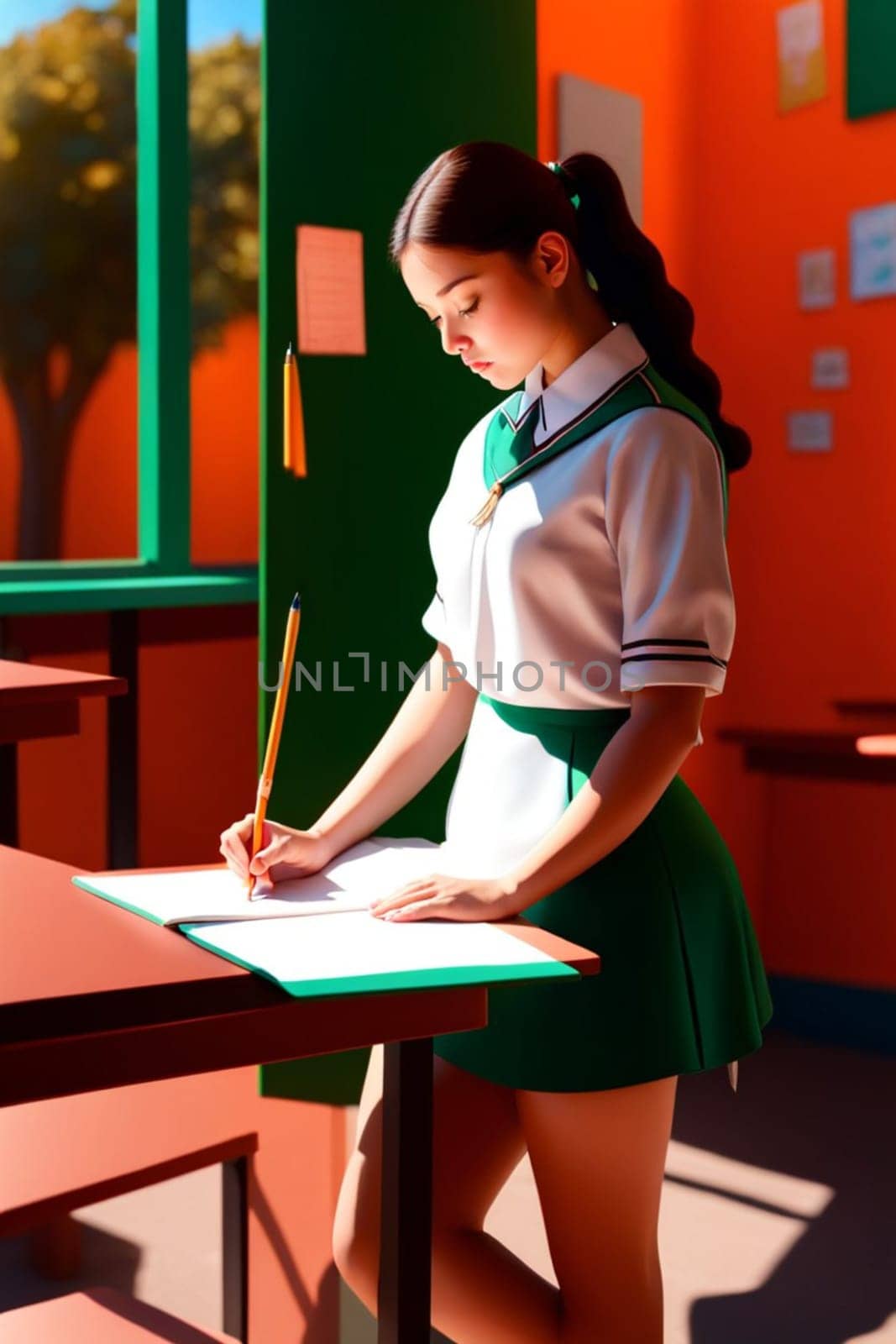 students and pupil in lesson at school in a classroom, bright dayligh, in uniform illustration by verbano