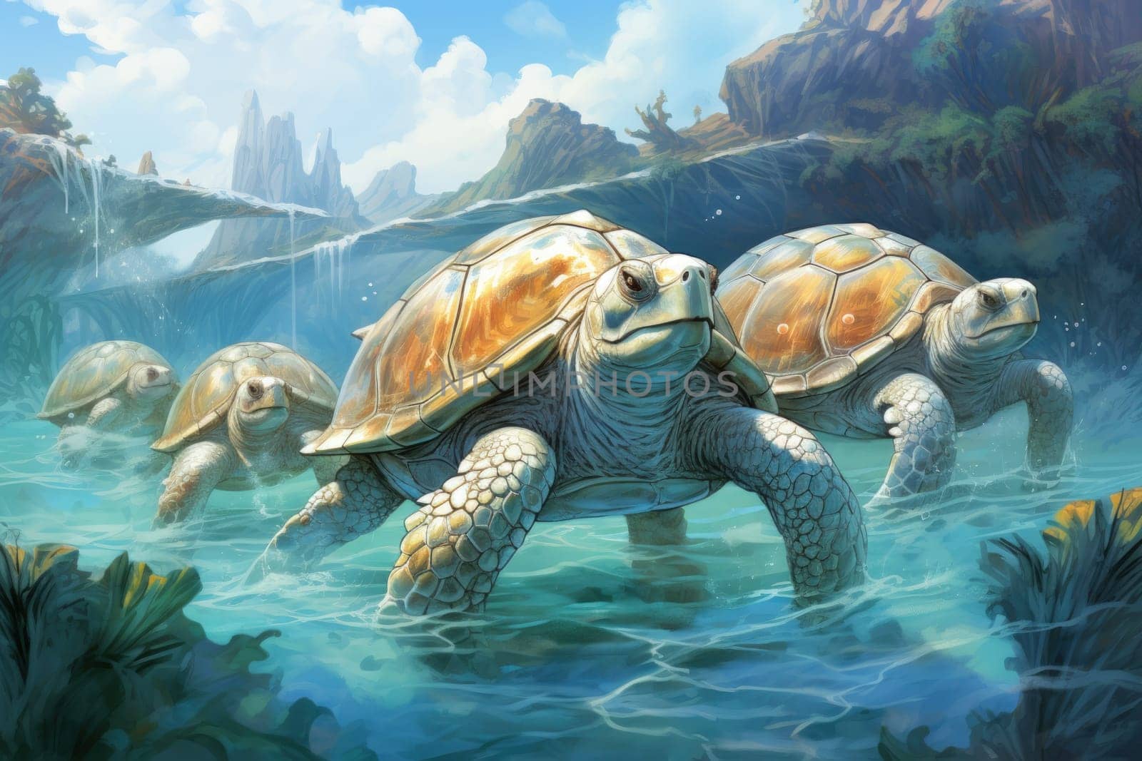 Embark on an extraordinary journey through the realm of fantasy and encounter the majestic ancient sea turtles.