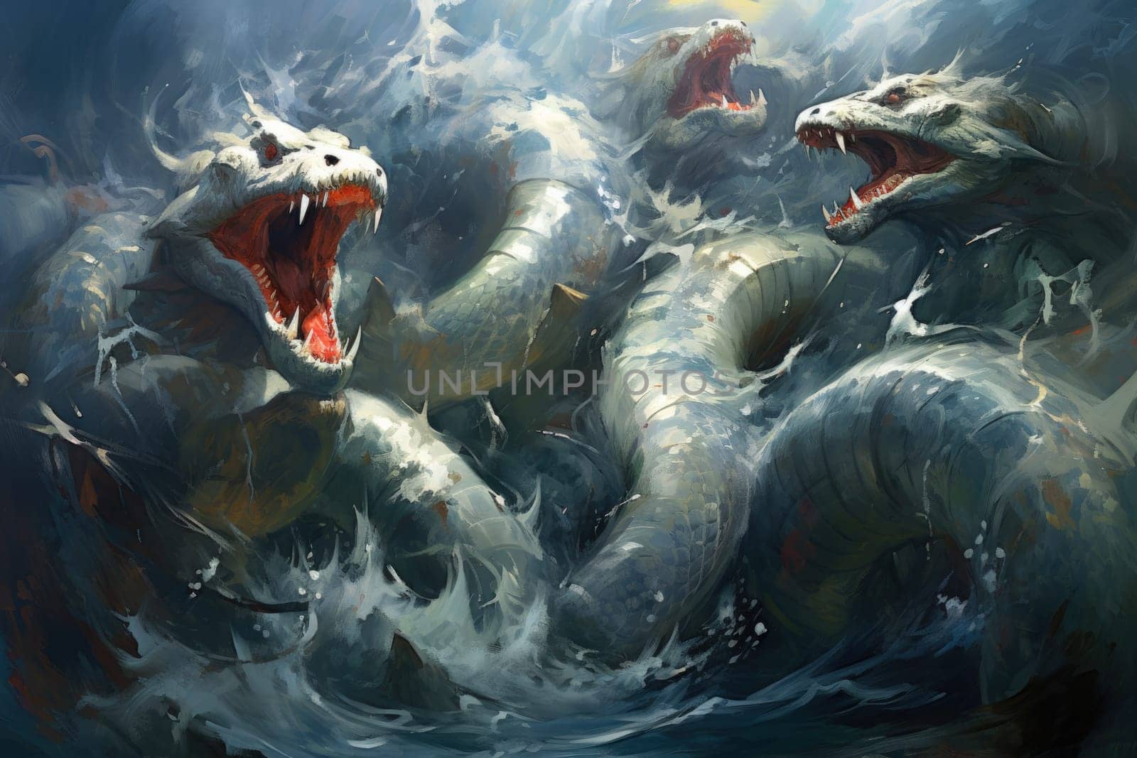 Dive into a fantastical realm where gigantic sea serpents, with their immense coils, slither through treacherous waters.