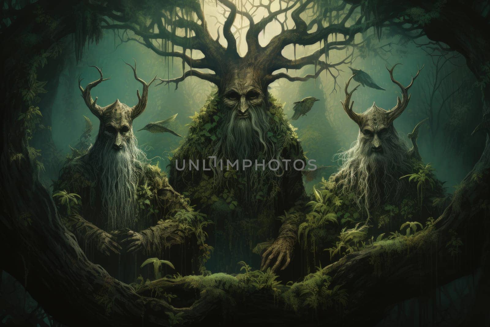 Deep within the mystical woodland realms of fantasy, ancient forest spirits stand as silent sentinels, their ethereal presence a testament to the wisdom and magic of the natural world.