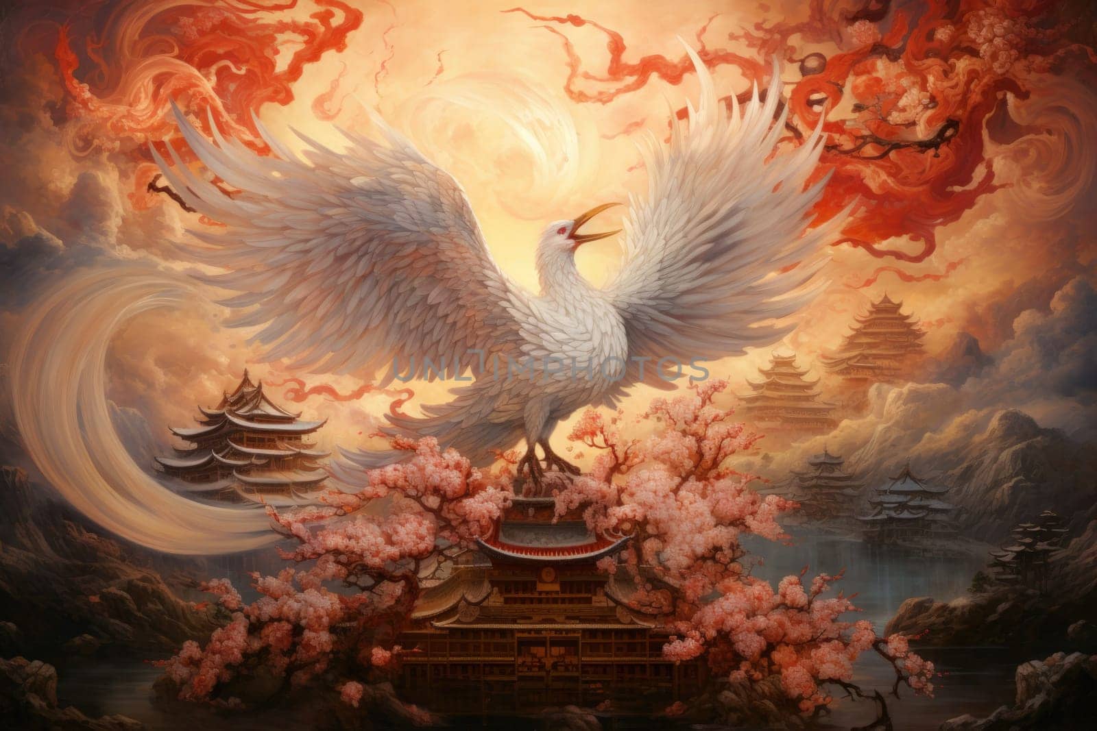 Embark on a mythical journey where ancient phoenixes, with their fiery plumage, rise triumphantly from ashes, embodying the cycle of rebirth and renewal.