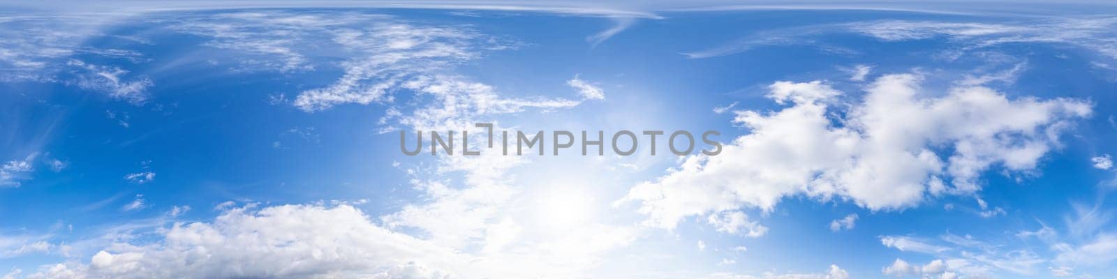 Clear blue summer sky panorama with Cumulus clouds. Seamless hdr spherical 360 panorama. Sky dome in 3D visualization, sky replacement for aerial drone 360 panoramas. Weather and climate change by panophotograph