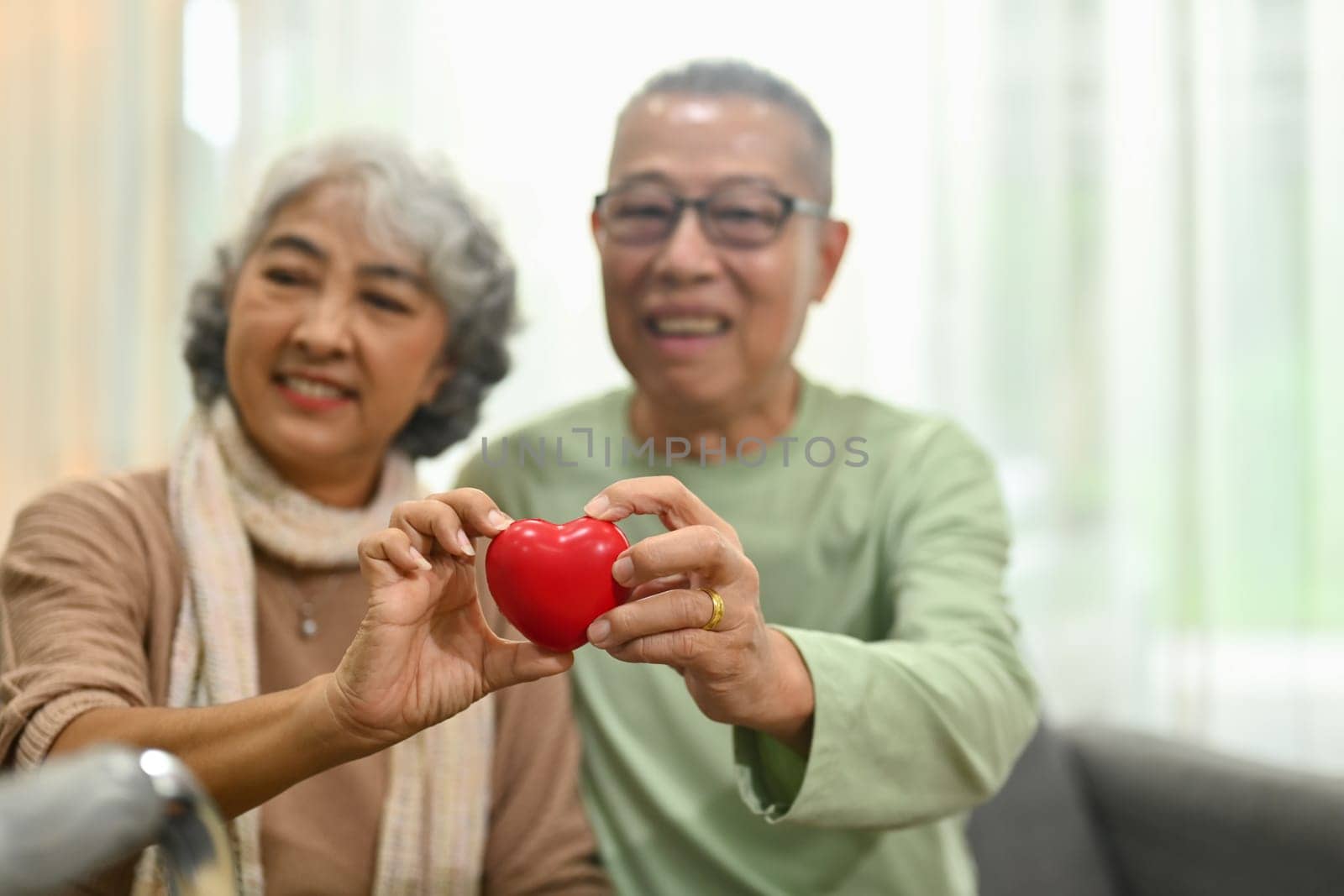 Positive senior couple holding a red heart shape as a symbol health care, love and insurance by prathanchorruangsak