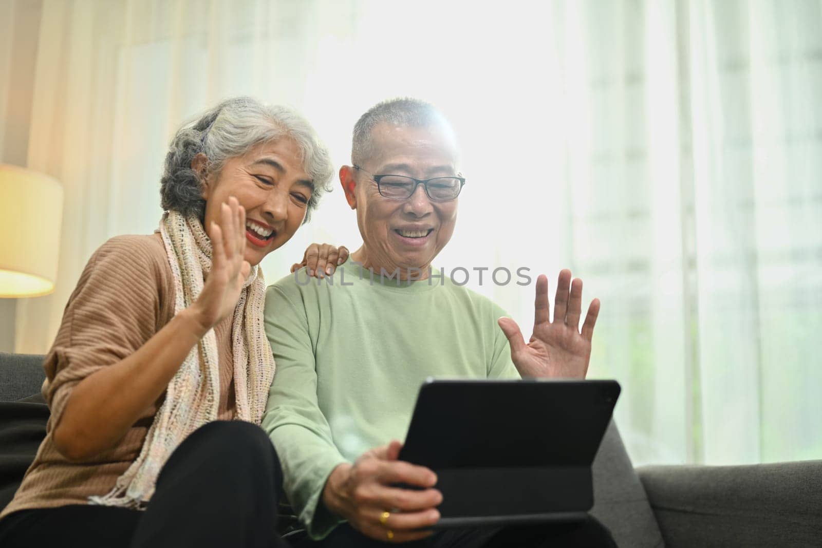 Happy senior couple making video call with family or friends on laptop. Retirement and happy senior lifestyle concept.