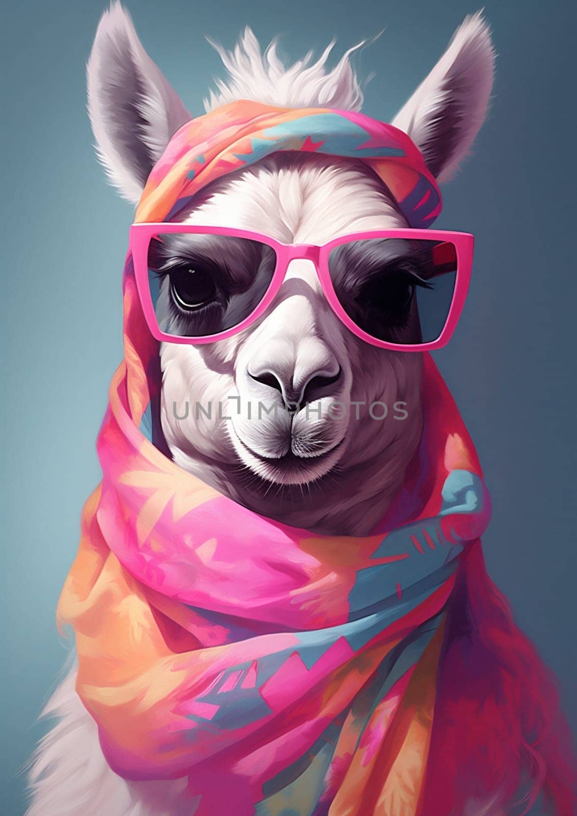 Cute stylish alpaca portrait of llama wearing glasses on blue background wearing glasses and scarf, fashion by Vichizh