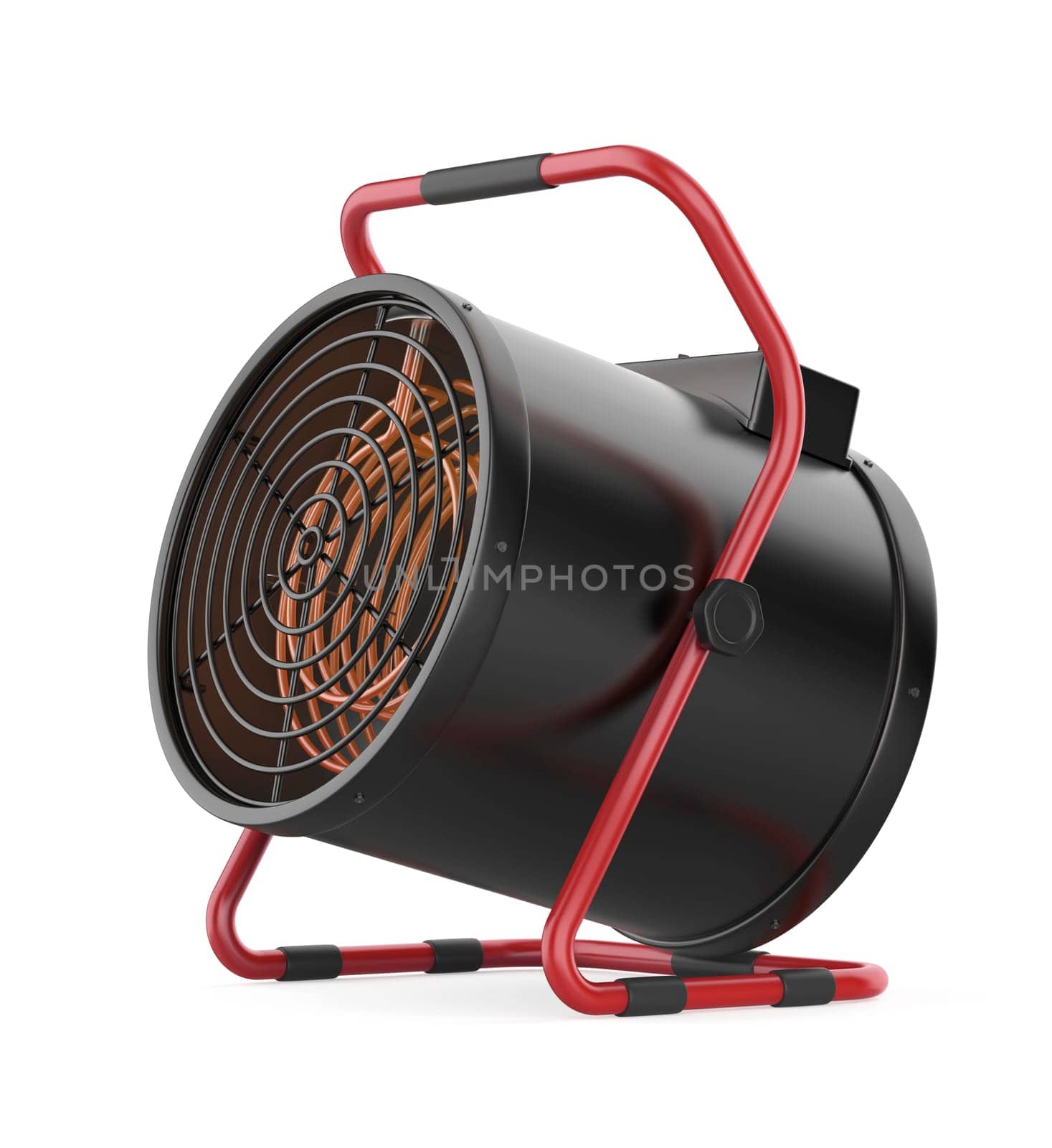 Industrial cylinder shaped electric fan heater on white background