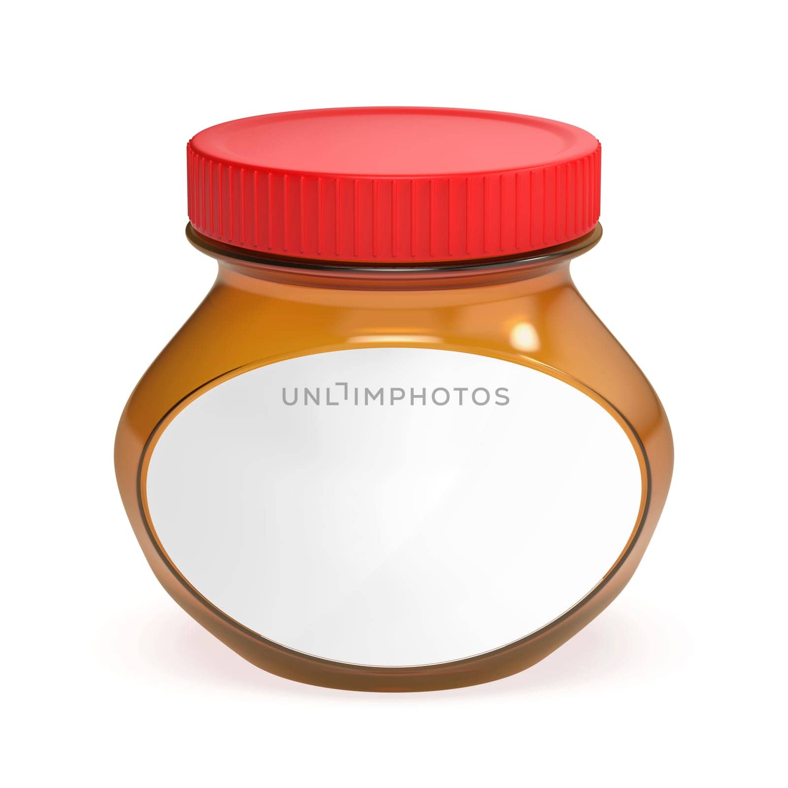 Empty oval glass jar with white blank label on white background