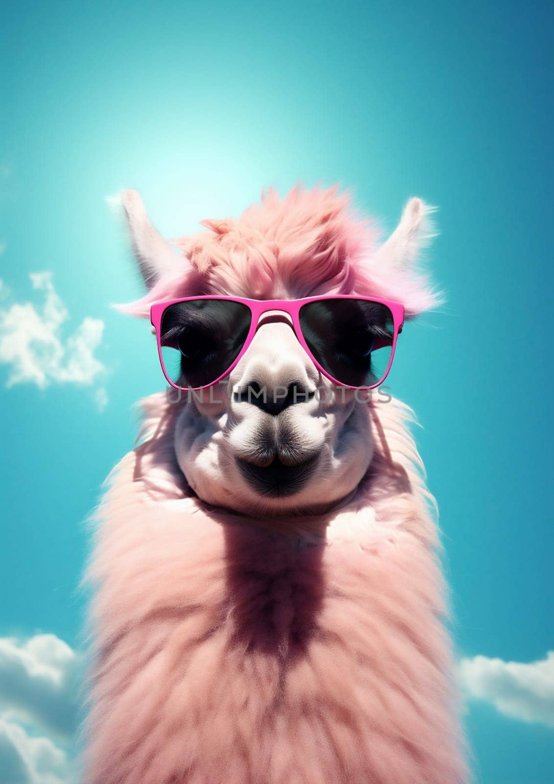 Cute stylish alpaca portrait of llama wearing glasses on blue background wearing glasses and scarf, fashion