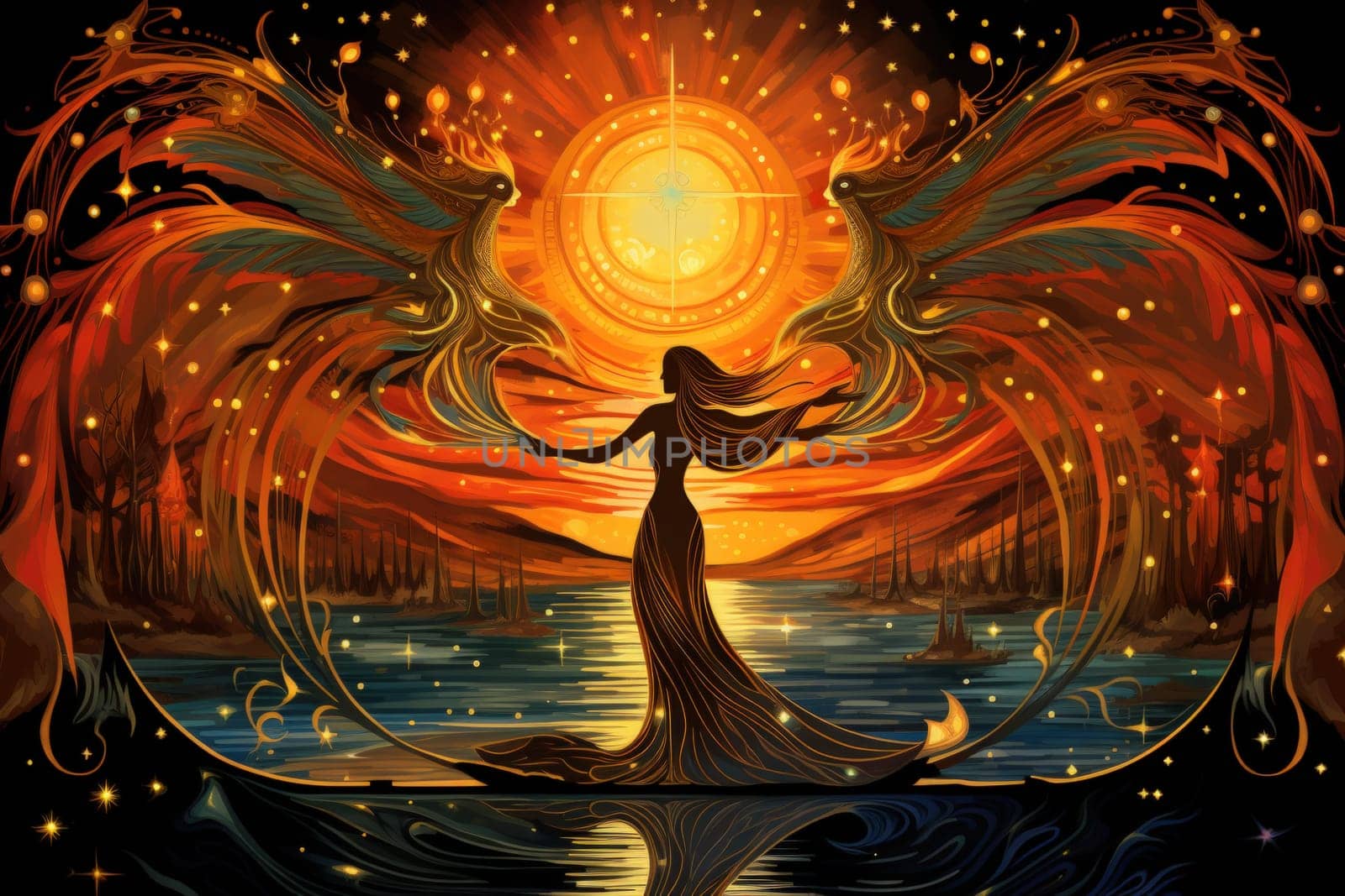 Within the realm of fantasy, elegant phoenix dancers grace the stage, their mesmerizing performances engulfed in flames.