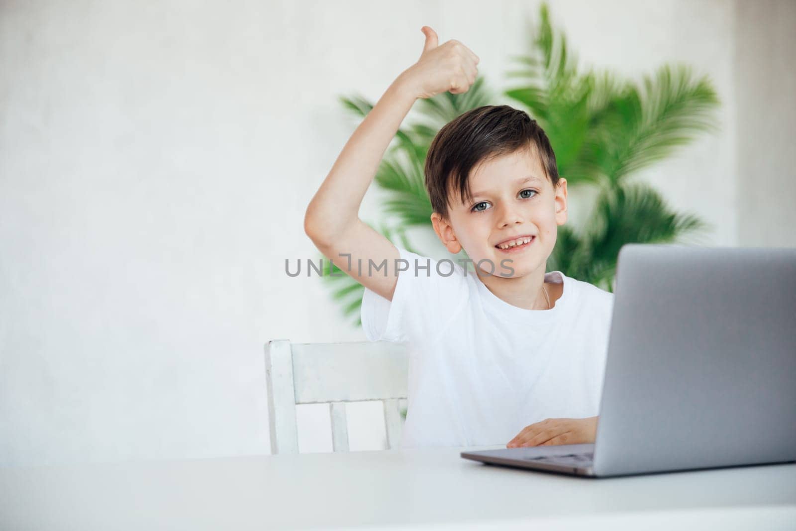 a boy shows a like sitting at a table with a computer