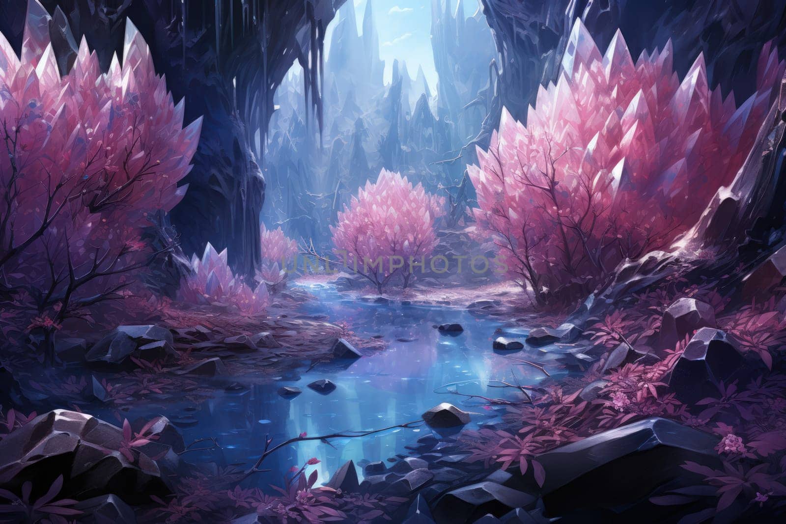 Deep within the realms of fantasy, mysterious icy caves hold untold treasures, guarded by glistening crystal golems.