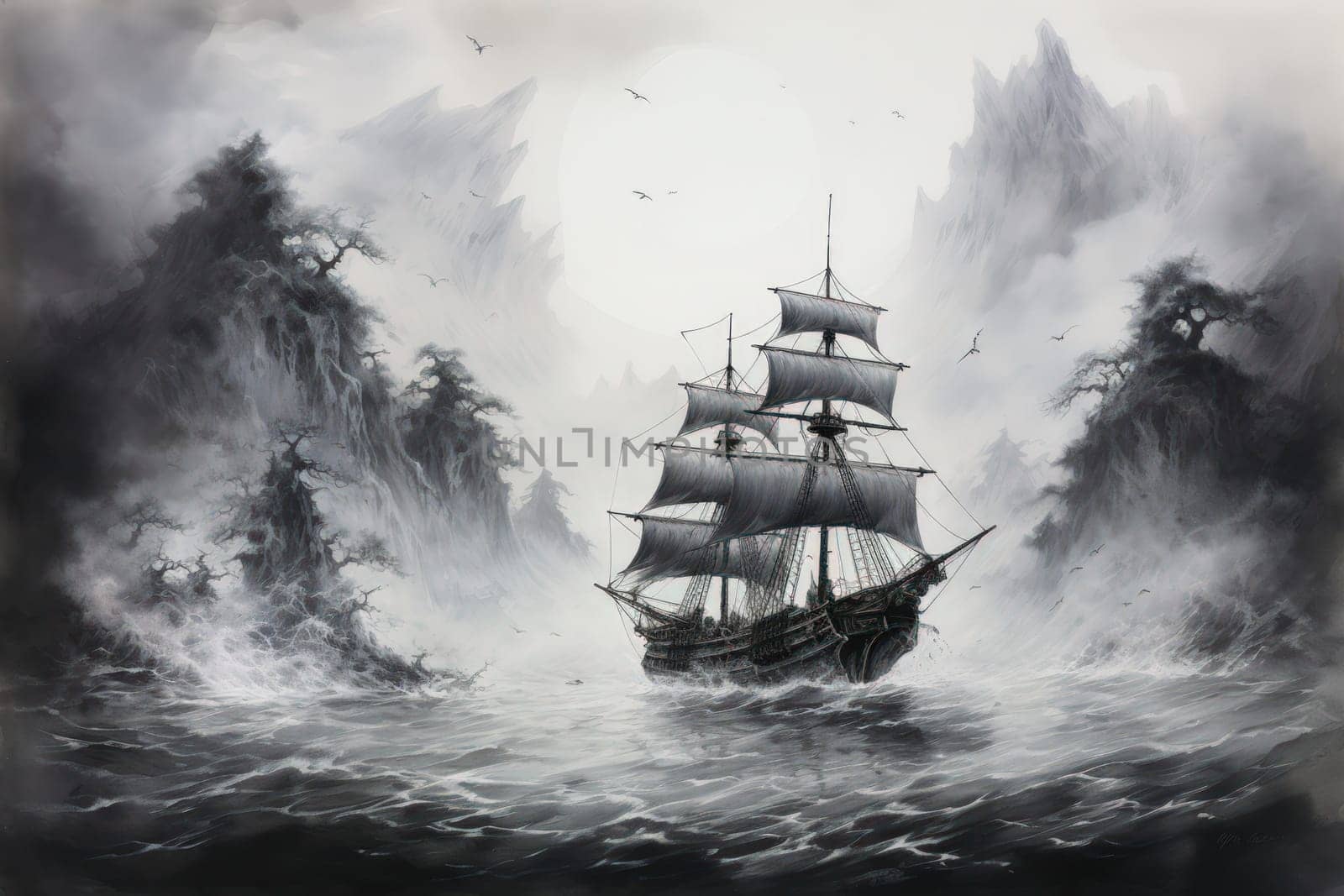 Embark on a haunting journey across the treacherous waters with this captivating illustration by a professional visual artist.