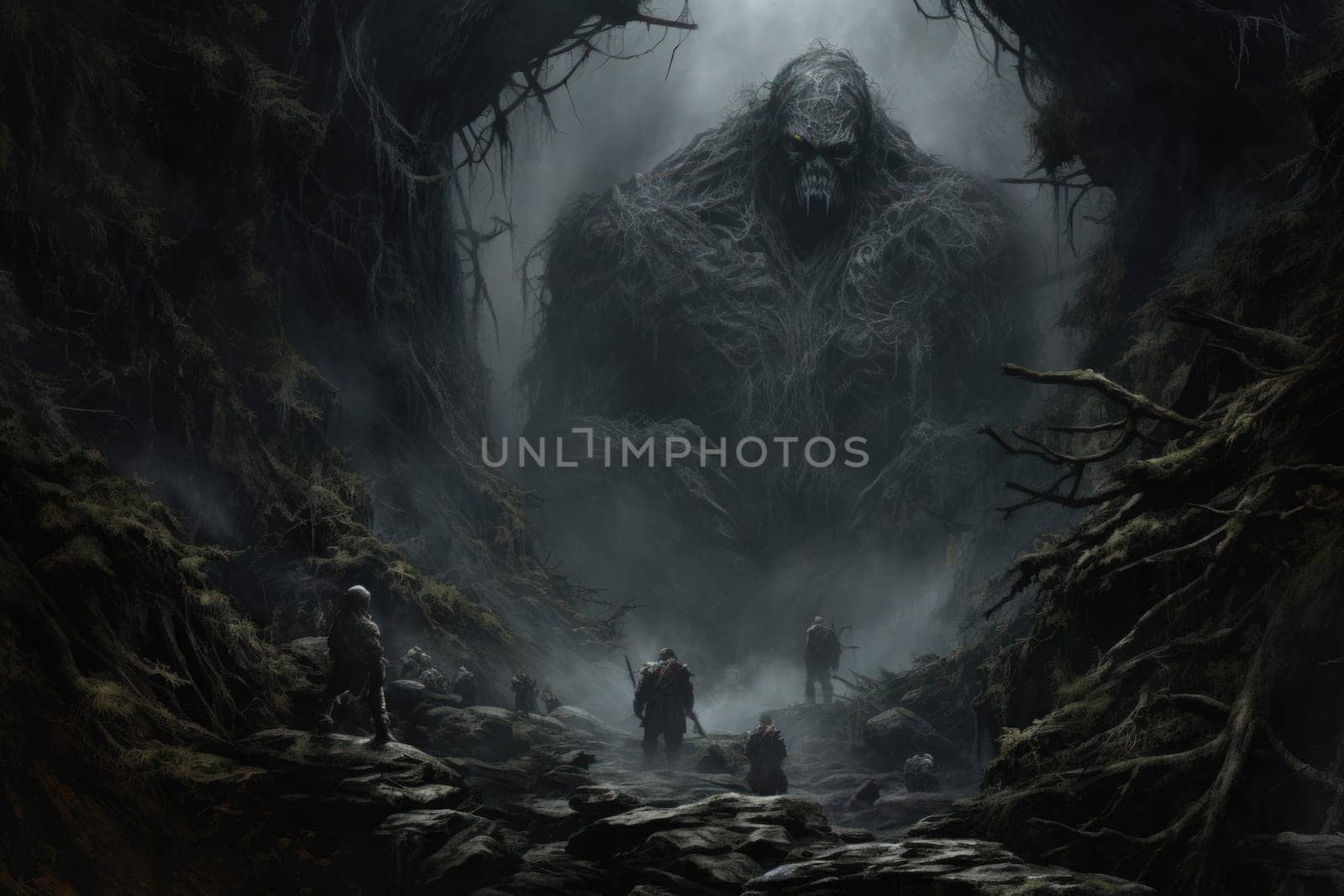 Embark on a fantastical journey where gargantuan giants, with their colossal stature, traverse the towering mountains with thunderous footsteps.