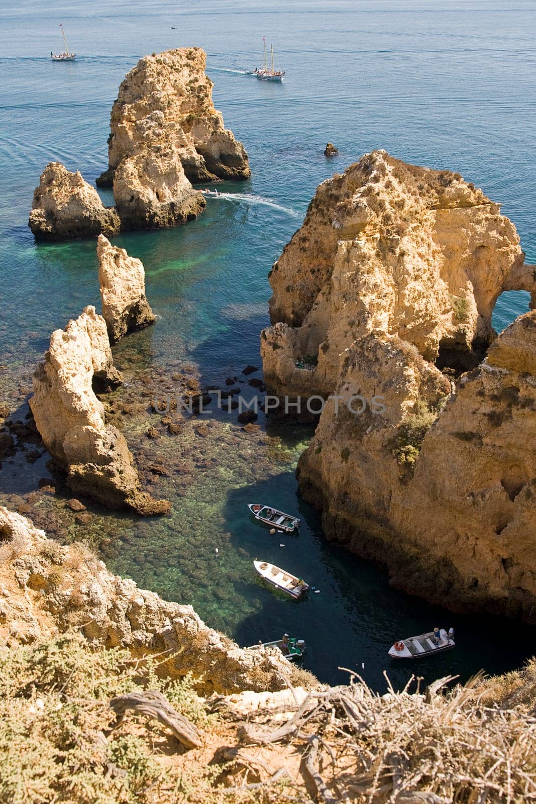 Excursion boats in the rocky Algarve,Portugal