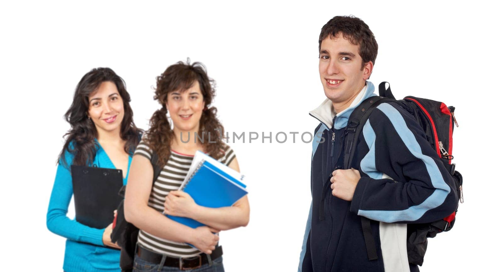 Three students with books and backpacks