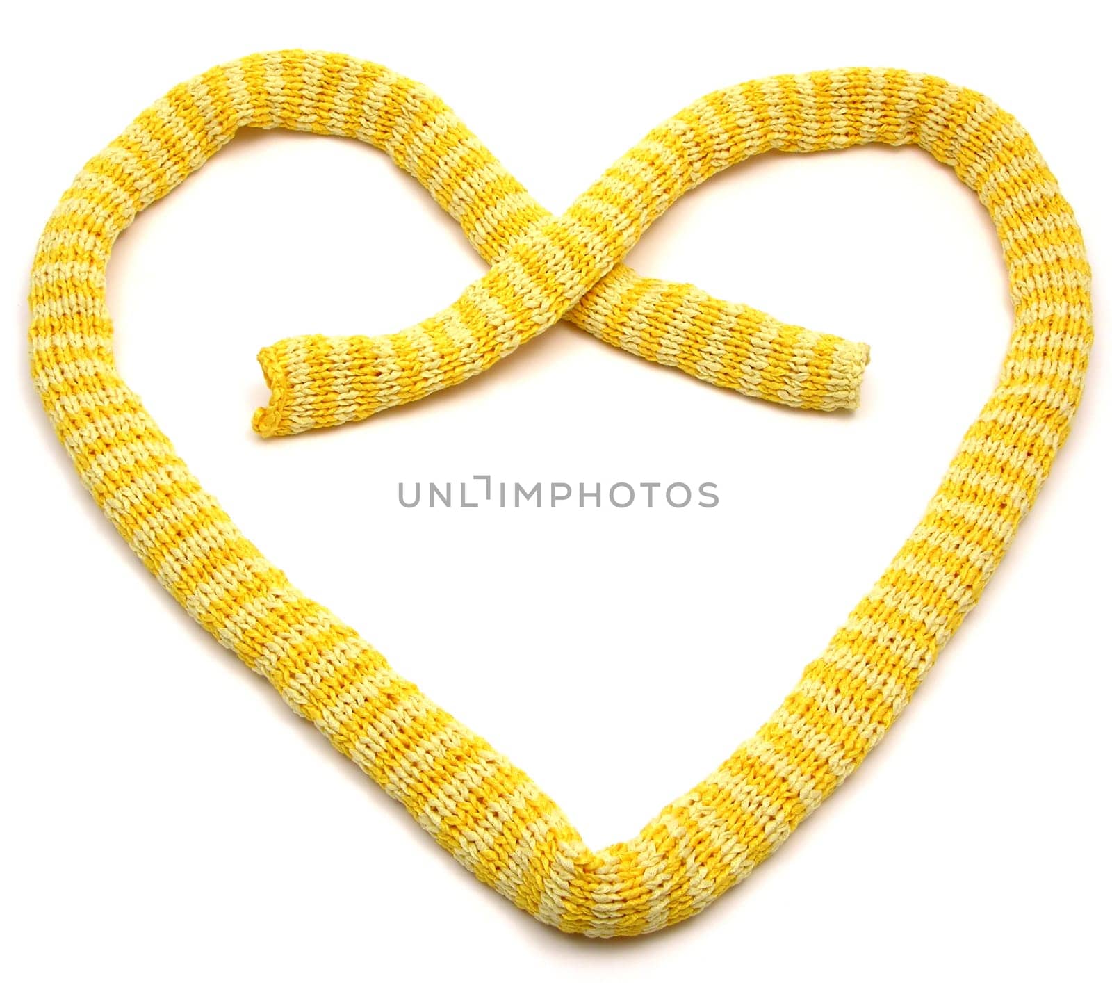 Yellow striped self-knitted scarf in the shape of a heart