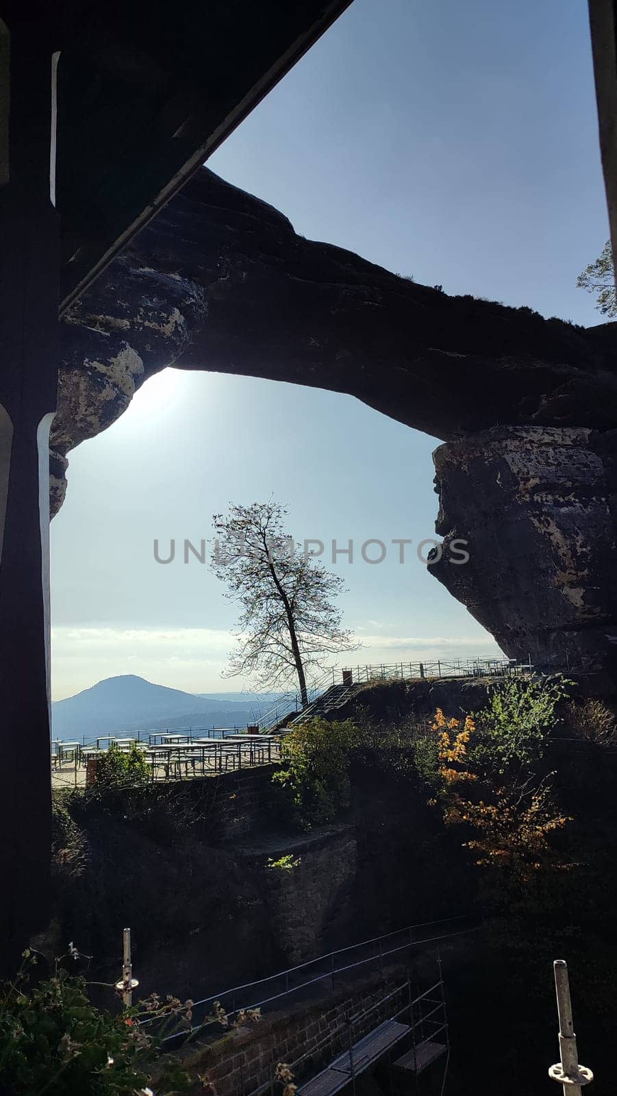 Rock arch landscape nature background clouds mountain landscape green summer travel Czech Republic Europe . High quality photo