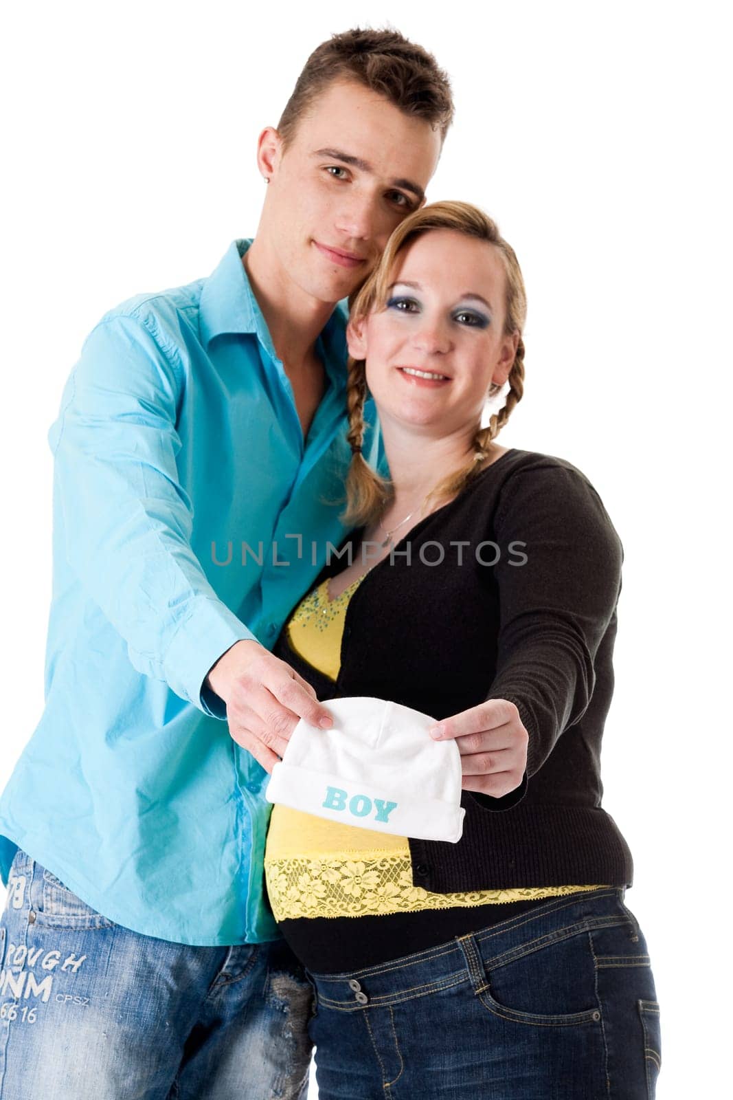Pregnant couple with a babycap