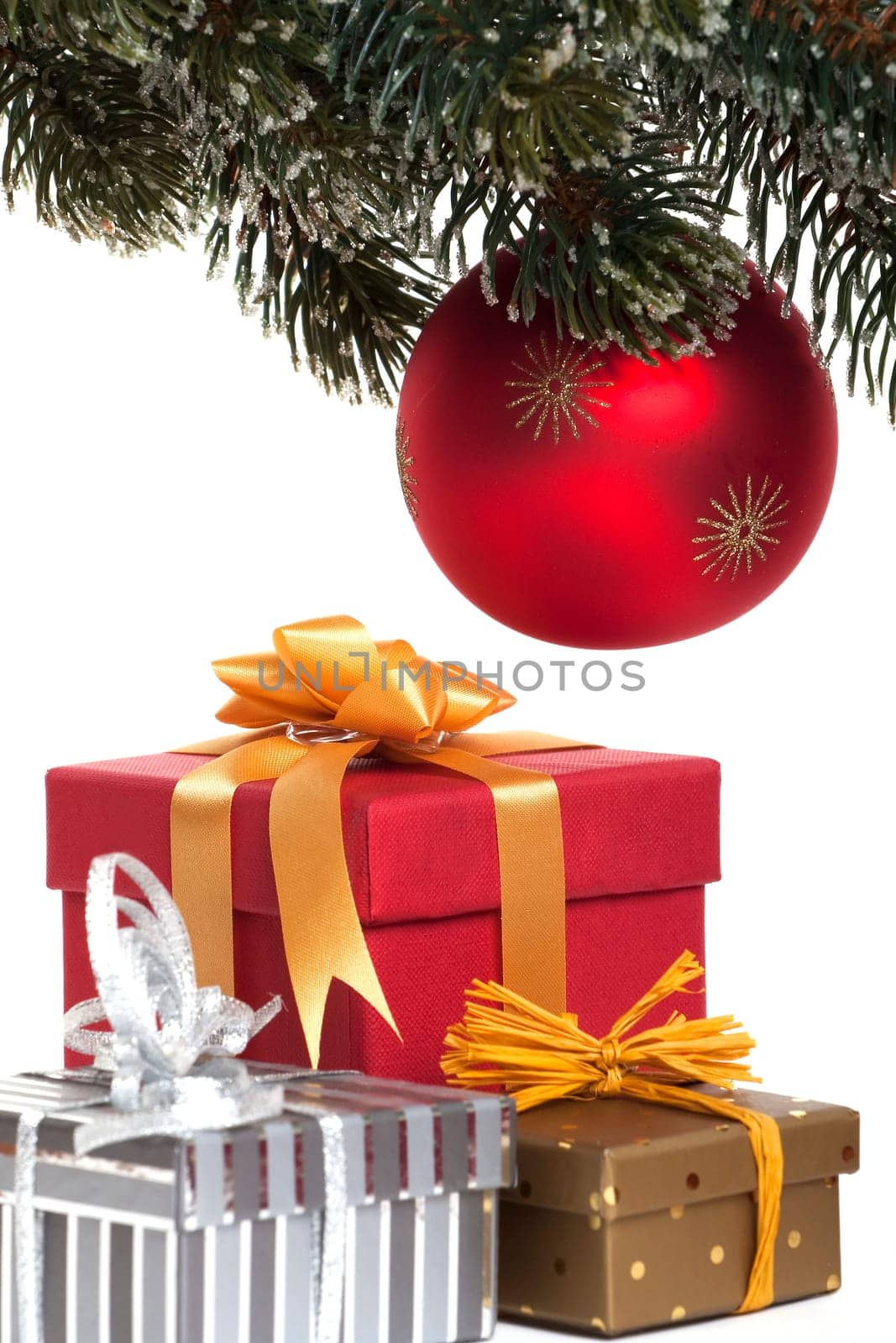 red christmas ornament and christmas gifts