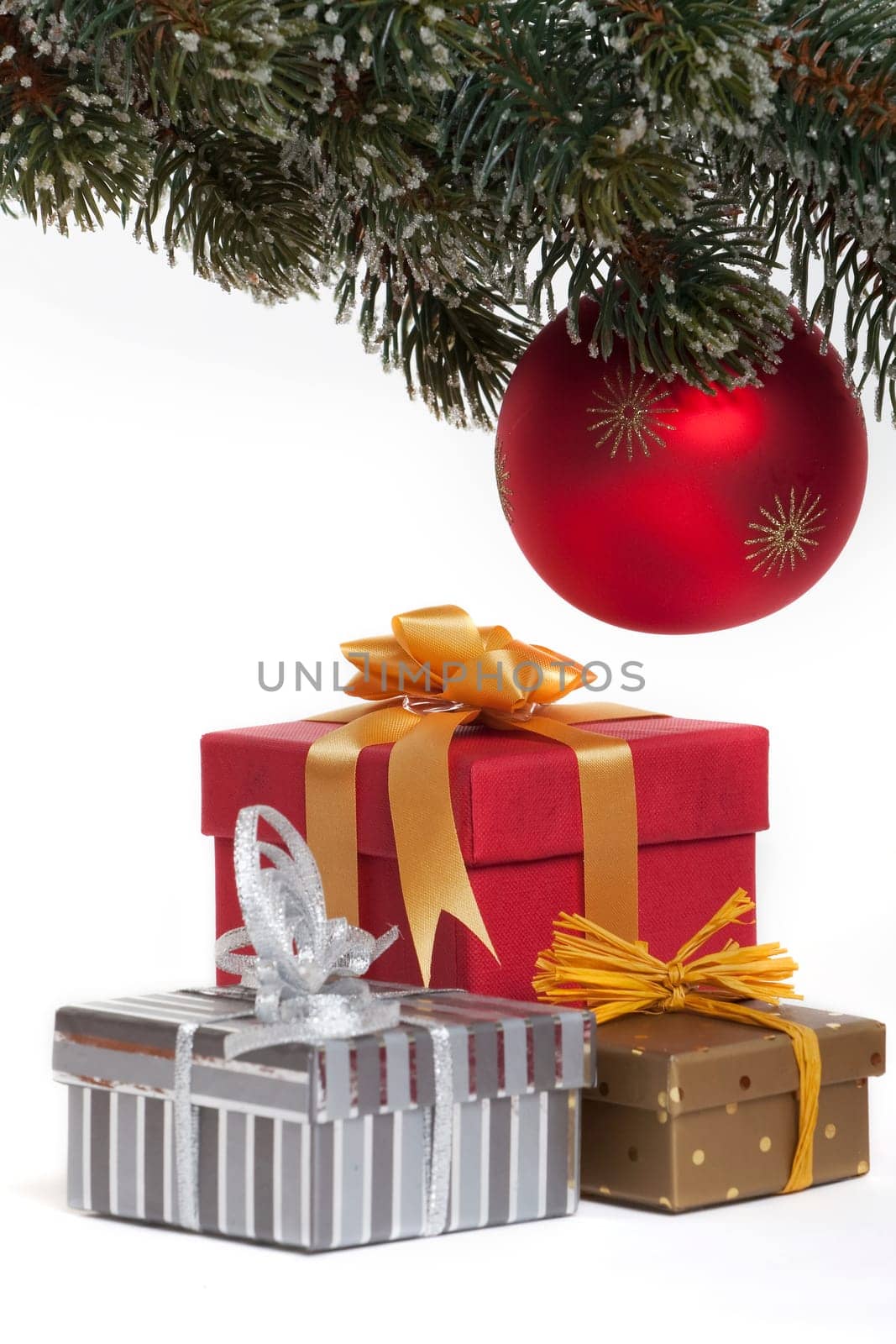 red christmas ornament and christmas gifts