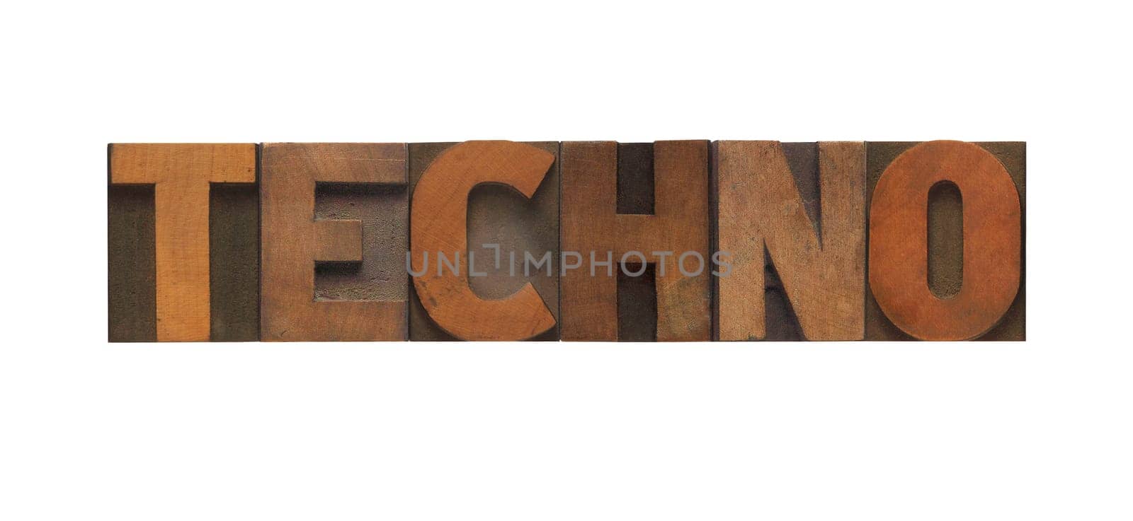 the word techno in letterpress wood type