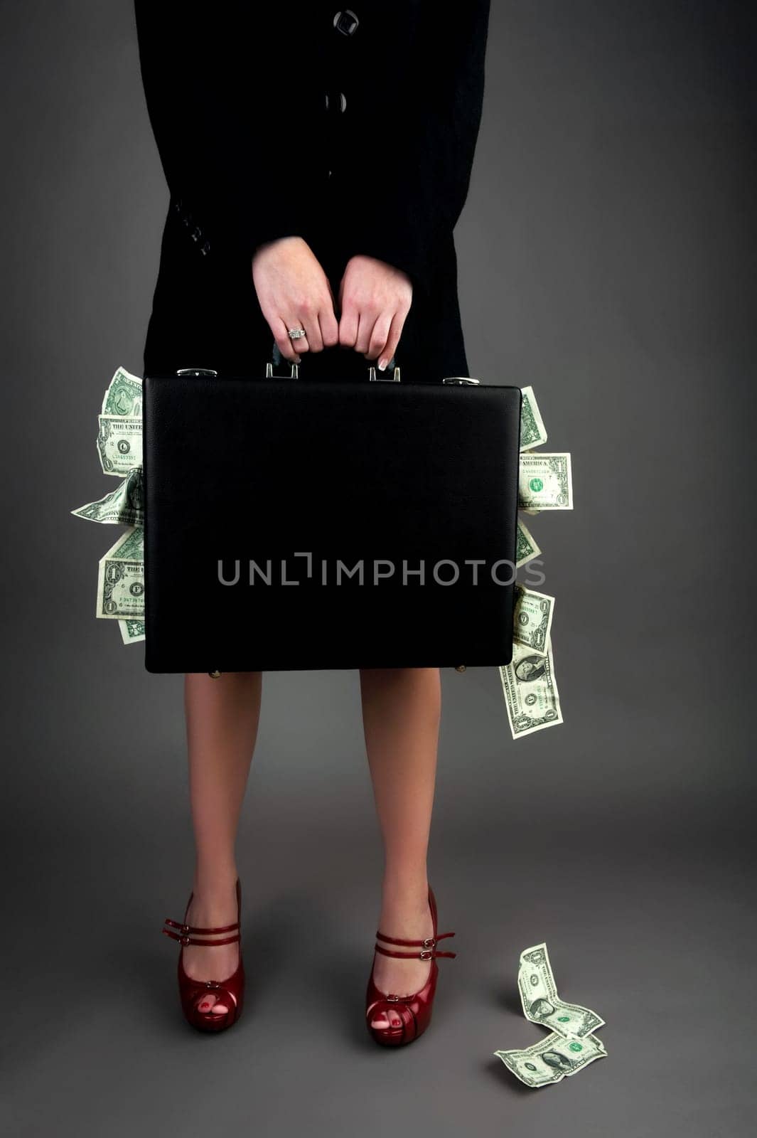 Woman holding briefcase with money