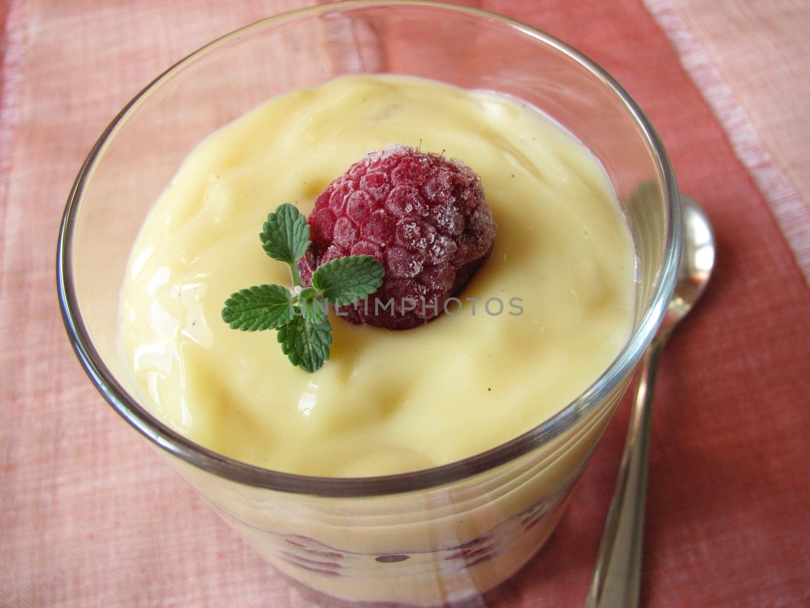Vanilla pudding with wild berries in a glass