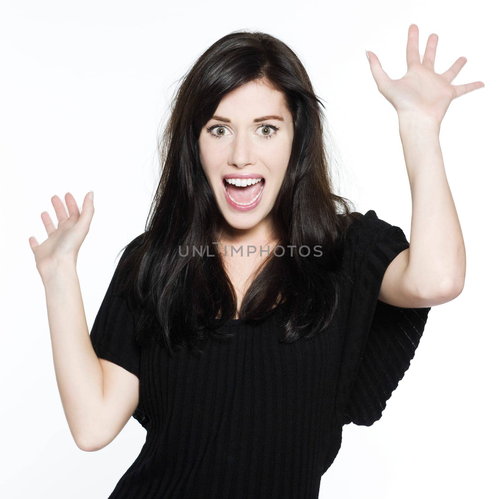 studio shot portrait on isolated white background of a Beautiful Funny Woman expressive