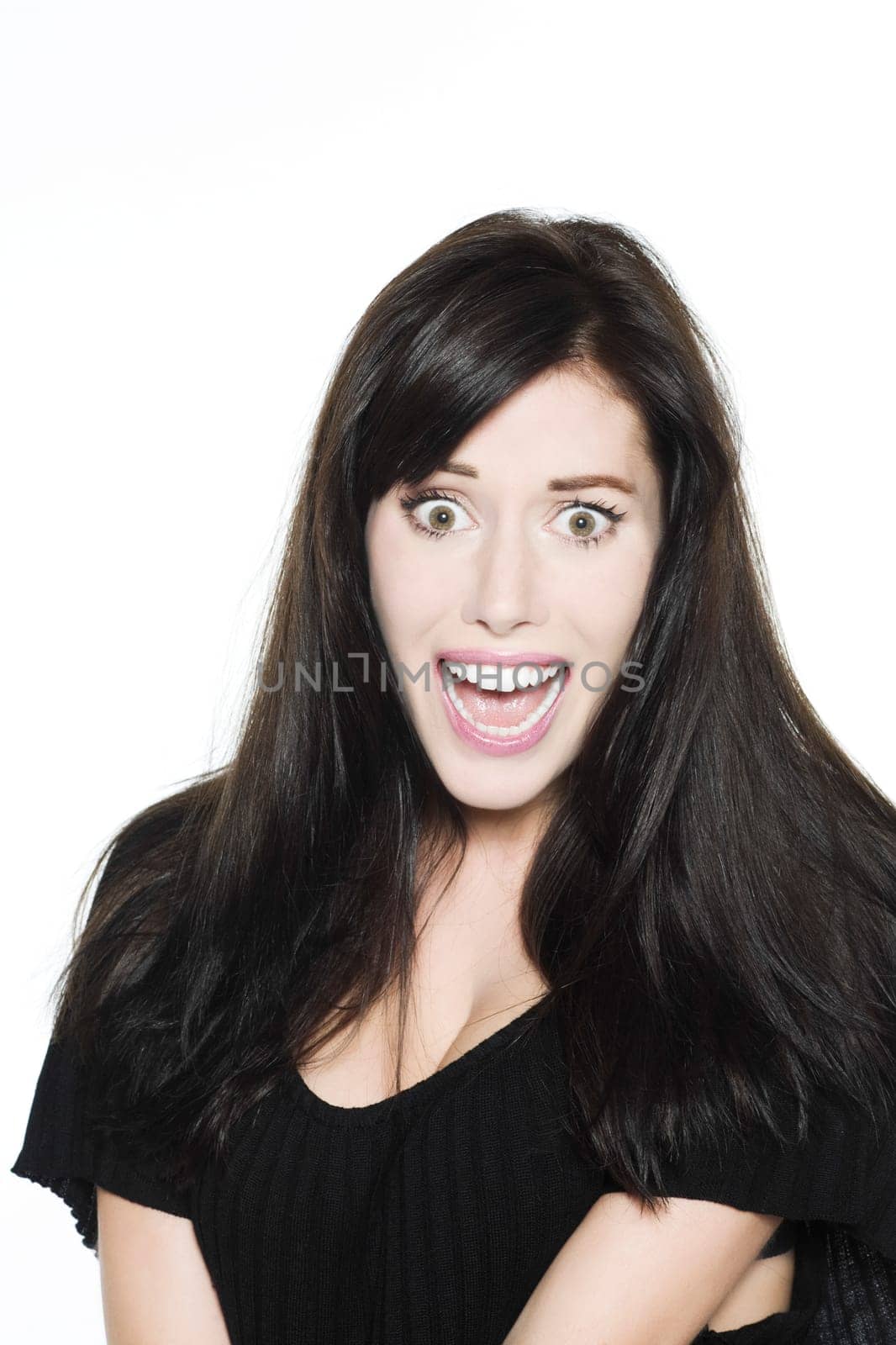 studio shot portrait on isolated white background of a Beautiful Funny Woman expressive
