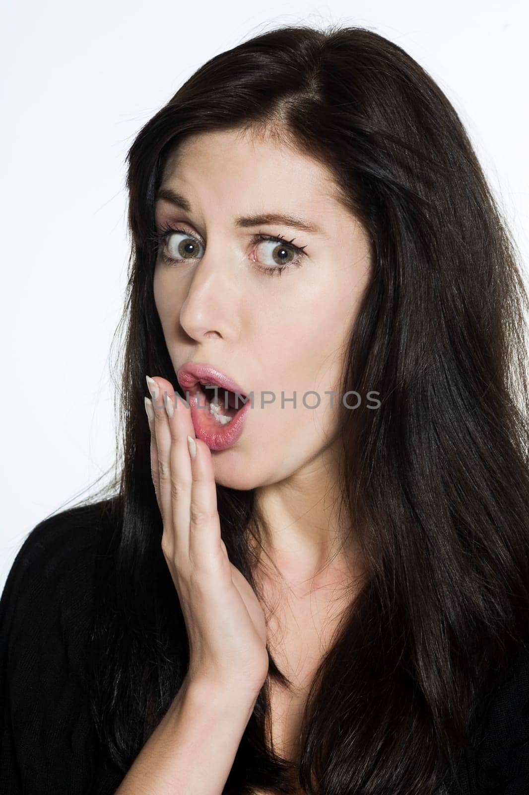 studio shot portrait on isolated white background of a Beautiful Funny Woman expressive