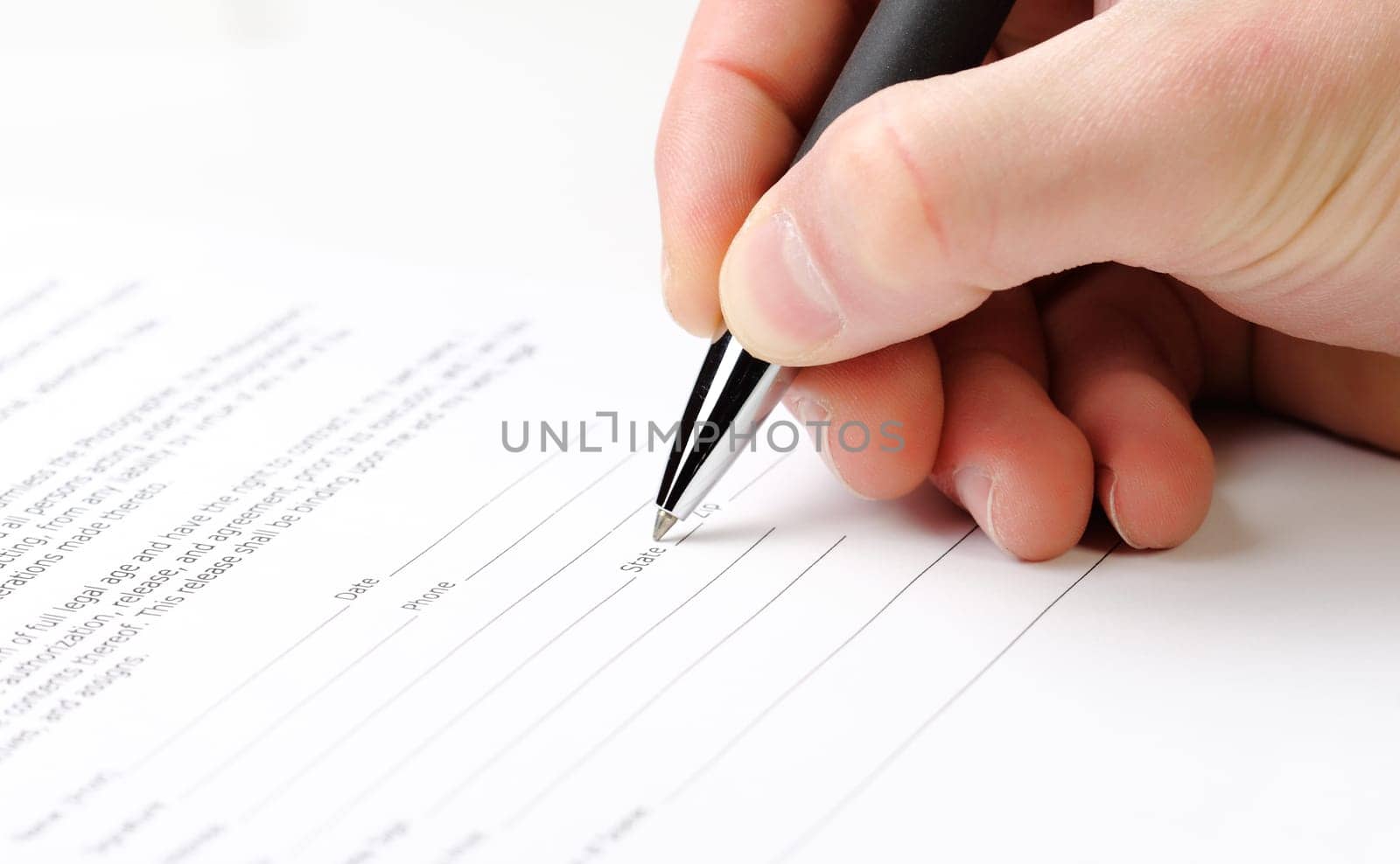 close up on caucasian hand, fill a form background