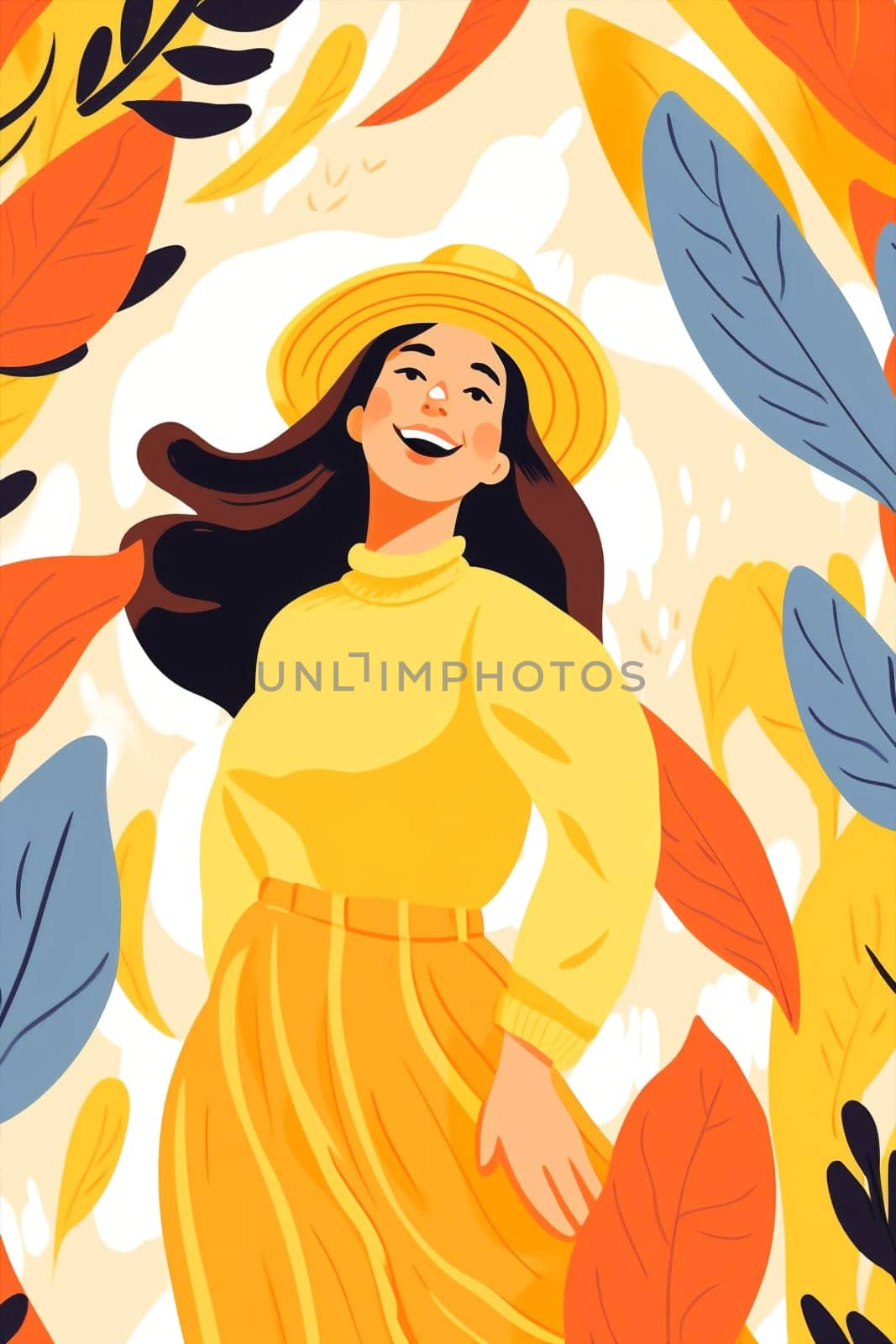 Women happy character meditating leaf active autum by Vichizh