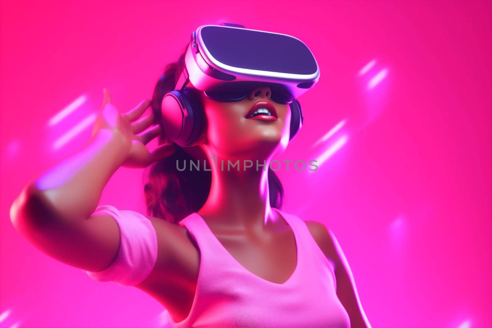 woman game vr virtual purple three-dimensional happy technology blue render 3d metaverse innovation digital sport reality cyborg goggle gadget neon glasses lifestyle. Generative AI.